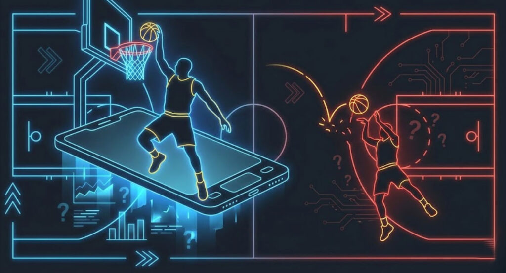 Jugadores de baloncesto en estilo neón azul y rojo representando análisis y predicción de partidos NBA.